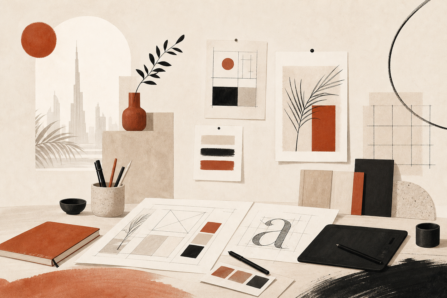 Creative web design studio workspace with layout tools